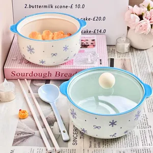Cute ceramic noodle bowl set with lid, aesthetic blue rim tableware for home kitchen use.