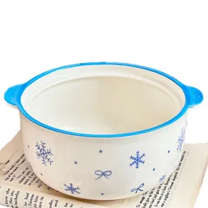 Cute ceramic instant noodle bowl with blue handles and snowflake pattern for daily home use.