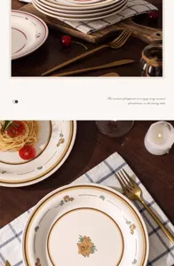 Detailed view of vintage luxury ceramic dinner plate with elegant gold rim and floral pattern.