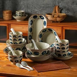 Style Japonais Sous Glaçure Céramique Bol Et Plat Ensemble Vaisselle Ménage Soupe Ramen Bols Assiettes Cuisine Salle À Manger