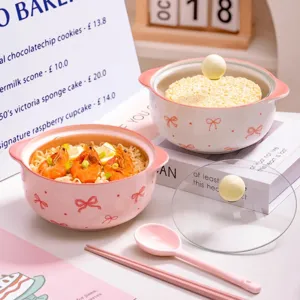 Rosa Keramik Instant Nudel Schüssel mit Deckel, süßes Schleifen Design, Doppellöffel Geschirr.