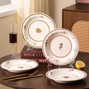 Vintage ceramic dinner plate set, retro floral porcelain tableware for steak, pasta and dessert.