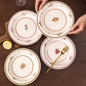 Vintage ceramic dinner plates set, retro floral porcelain tableware for steak, pasta and dessert.