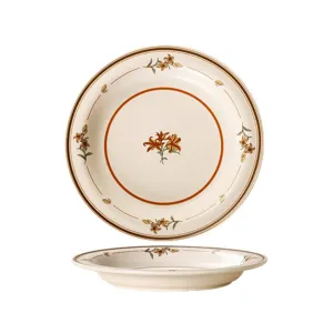Vintage ceramic dinner plate with retro floral and rim design for home western dining table.