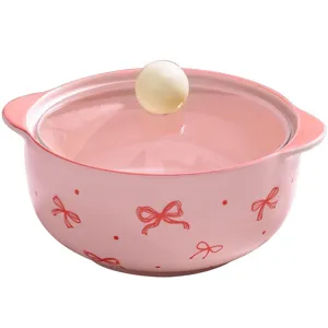 Rosa Keramik Instant Nudel Schale mit Deckel und niedlichem Schleifenmuster Design