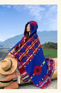 Women ethnic knit hooded cape vintage geometric poncho outerwear shawl winter autumn stylish