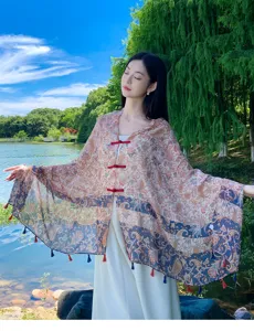 Chinese style summer sun protection shawl ethnic print lightweight cape with tassels for women