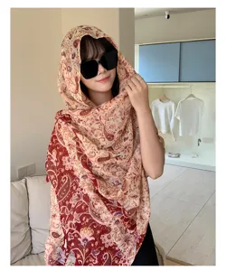 Detailed view of the vintage paisley print scarf, lightweight summer sun protection shawl.