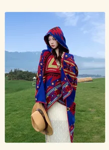 Women's ethnic hooded knit shawl retro geometric pattern cape outerwear for autumn winter style