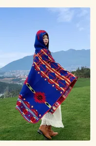 Stylish women ethnic hooded knit cloak vintage geometric pattern warm winter poncho.