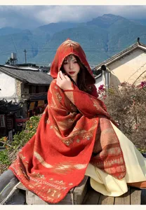Ethnic style knitted hooded cloak for women, vintage tribal pattern winter warm poncho.