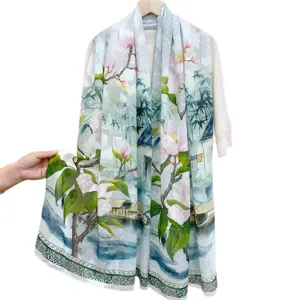 Chinese garden floral print hollow-out silk scarf, elegant green sun protection shawl for women.