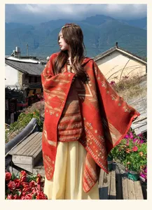 Detailed view of retro ethnic style knitted shawl in vibrant red with unique geometric patterns.