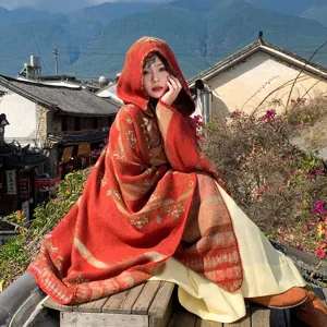 Ethnic knit hooded cloak for women, vintage tribal pattern cape poncho outer wear.