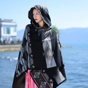 Women ethnic knitted hooded cape 2025 new vintage outdoor fashion warm shawl wrap coat
