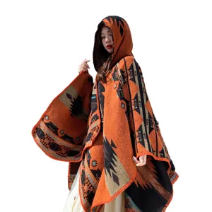 Women's ethnic style hooded knitted poncho cape, retro geometric patterned winter outer shawl.