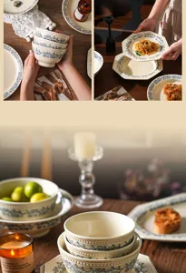French vintage ceramic bowl and plate set with delicate beaded rim and blue floral design.