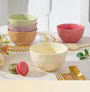 Pastel ceramic rice bowl set with embossed lifestyle text for home kitchen dessert yogurt use.