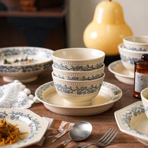 French style ceramic dinnerware set with blue floral patterns for home dining and kitchen