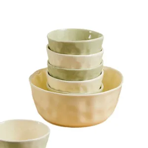 Cream ceramic bowl set, stackable rice and soup bowls with textured glaze for daily home use.