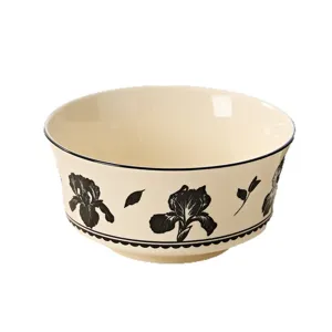 Retro floral ceramic rice bowl, elegant ivory white soup bowl for home kitchen dining.