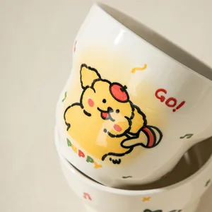 Detailed shot of cute ceramic cartoon puppy mug with glaze color, premium ceramic material.