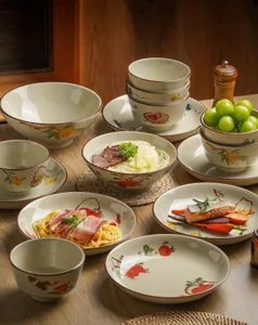Detailed view of Japanese underglaze ceramic dinnerware set, featuring bowls and plates.
