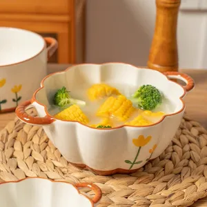 Ceramic Underglaze Cute Floral Soup Bowl Double Ear Noodle Bowl Tableware Household Large Capacity Bowl