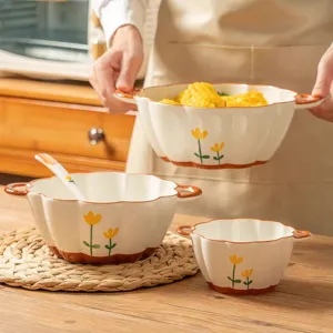 Cute ceramic soup bowl set with tulip design, underglaze kitchen tableware for daily home use.