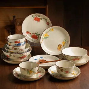 Japanese Underglaze Ceramic Tableware Set Retro Hand Painted Botanical Bowl And Plate Gift Box Set Home Dinnerware