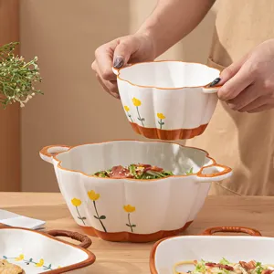 Cute ceramic soup bowl set with yellow flower pattern and double handles for home use.