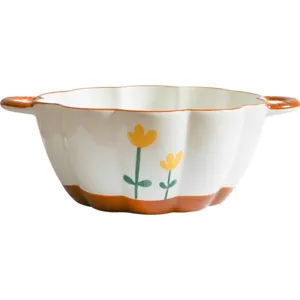 Cute ceramic double-handled soup bowl with yellow flower pattern, perfect for home use.