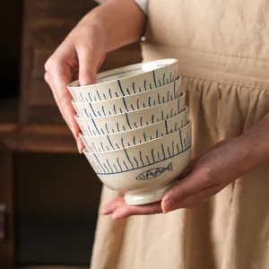 Japanese ceramic rice bowl set, aesthetic blue fish pattern home kitchen soup noodle bowl.