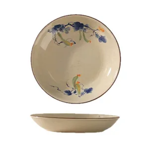 Japanese underglaze ceramic bowl and plate set, exquisite hand-painted botanical design.