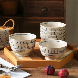 Japanese ceramic rice bowl set, aesthetic blue fish pattern soup bowl for home use.