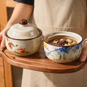 Set di pentole per stufato in ceramica retrò smaltata ciotola per zuppa con vassoio in legno