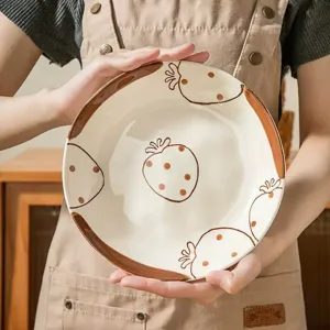 Joli bol en céramique avec motif de fraise marron vaisselle émaillée pour cuisine repas.