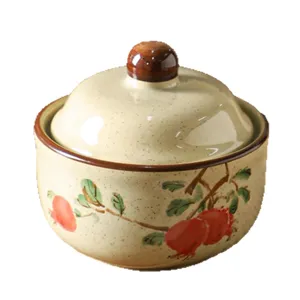 Pentola per stufato in ceramica retrò cinese con coperchio e motivo melograno cucina.
