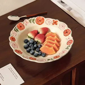 Ceramic floral soup bowl set, vintage scalloped tableware for home, fruit salad dish.