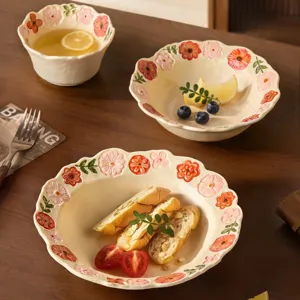 Ceramic floral soup bowl set, ins style tableware, cute floral embossed ceramic plate for home.