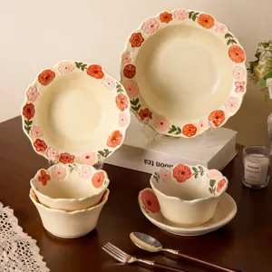 Ceramic tableware set with embossed floral design, ins style soup plate and bowl for home.