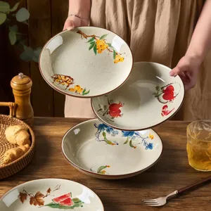 Japanese vintage ceramic tableware set with fruit pattern glazed deep dishes for kitchen and dining.