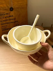 Korean style ceramic bowl set, irregular double ear soup bowl with spoon for home breakfast.