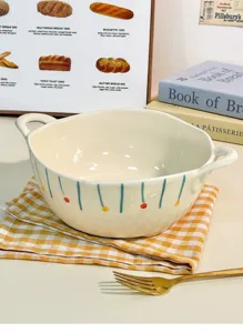 Ceramic double-eared soup bowl detail, cream aesthetic noodle bowl with hand-painted stripes.