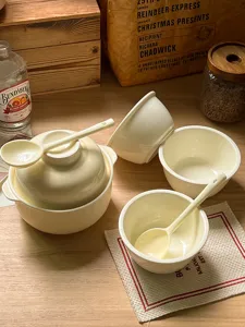 Korean INS style ceramic tableware set with double ear bowl, spoon and soup bowl for home.