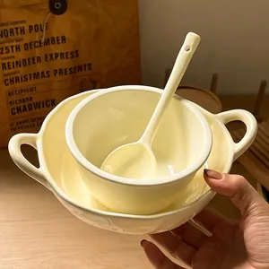 Korean INS Style Ceramic Double Ear Soup Bowl Irregular Tableware Cute Household Breakfast Bowl