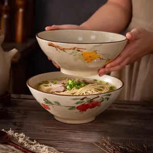 Chinese Retro Underglaze Ceramic Bowl Large Capacity Soup Noodle Bowl Hand-Painted Fruit Floral Pattern Tableware Kitchen Serving Bowl