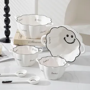 Creative Ceramic Pumpkin Soup Bowl With Double Ears Smiling Face Cute Instant Noodle Bowl Household Tableware Spoon Set