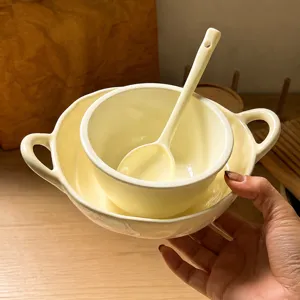 Korean style ceramic bowl set with spoon, elegant double ear design for breakfast and soup.