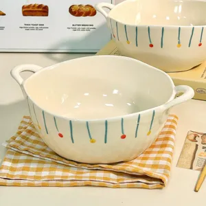 Ins Style Ceramic Double Ear Soup Bowl Household Large Capacity Instant Noodle Bowl Fresh Tableware